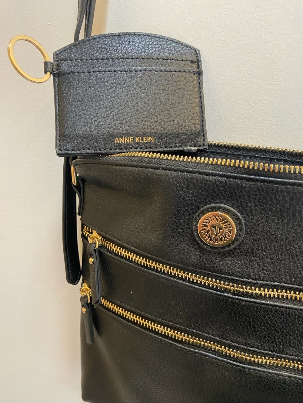 Anne Klein Black Leather Shoulder Bag with Gold Hardware